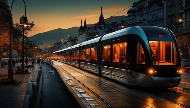 Foto un tren está bajando por las vías delante de una montaña