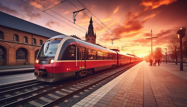 Foto un tren está bajando por las vías delante de una puesta de sol