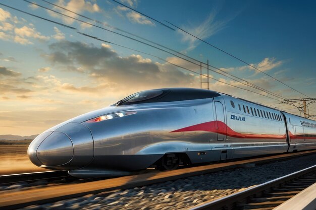 Foto el tren bala acelerando en las vías con las montañas