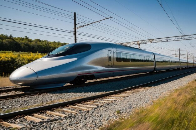 Foto el tren bala acelerando en las vías con las montañas