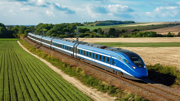 Foto un tren bala azul está viajando por las vías