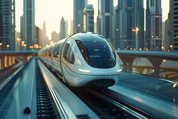 Foto un tren bala está bajando por las vías delante de un horizonte de la ciudad