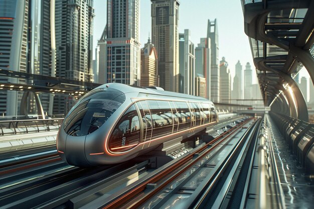 un tren bala está bajando por las vías en una ciudad