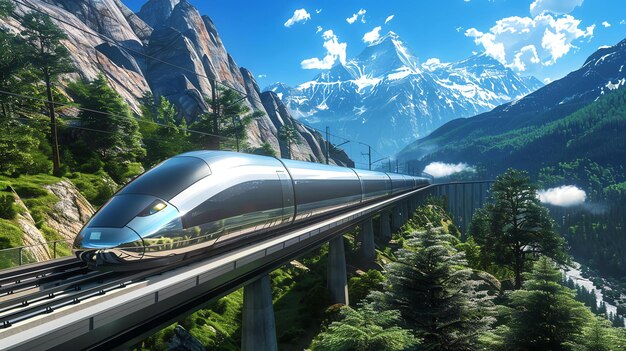 El tren bala plateado se apresura a través de las verdes montañas exuberantes