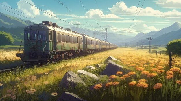 Un tren en un campo con flores y una montaña al fondo