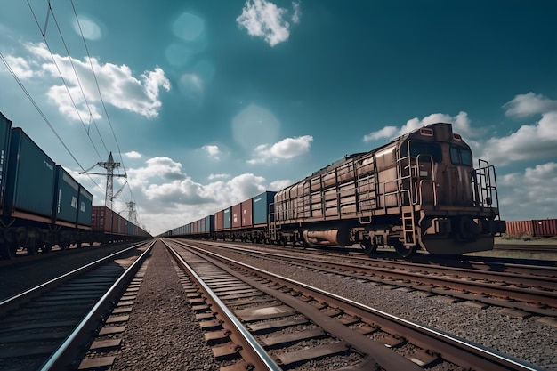 Tren de carga de carga en el fondo del cielo azul con nubes