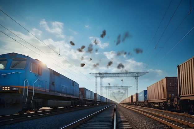 Tren de carga de carga en el fondo del cielo azul con nubes