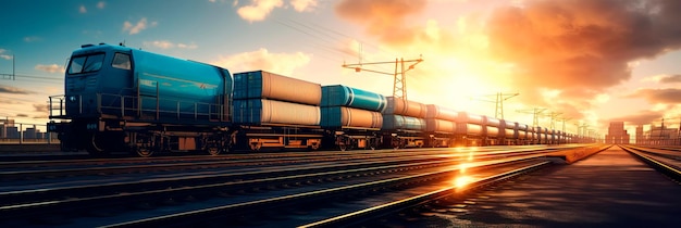 Tren de carga que pasa por un centro logístico que muestra el papel del transporte ferroviario en el transporte de mercancías a través de continentes.