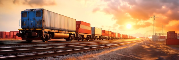 Tren de carga que pasa por un centro logístico que muestra el papel del transporte ferroviario en el transporte de mercancías a través de continentes.