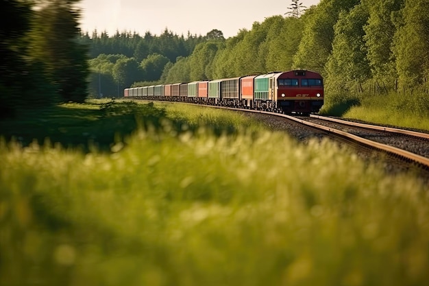 Tren de carga que transporta contenedores de envío representados con desenfoque de movimiento que representa el concepto de entrega rápida de mercancías Creado con IA generativa