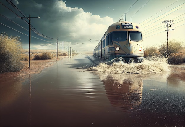 Foto un tren en una carretera inundada