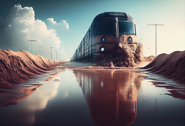 Foto un tren en una carretera inundada