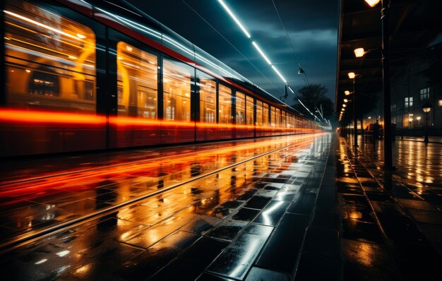 Tren de cercanías rojo en movimiento Un tren viajando por las vías del tren por la noche