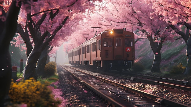 Tren y cereza en flor en la temporada de primavera con un hermoso fondo de naturaleza