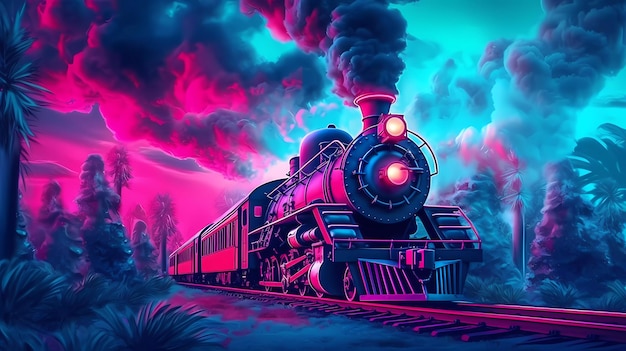 Un tren colorido con una luz rosa en el frente.