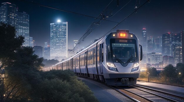 Un tren corre por una vía en la ciudad por la noche.