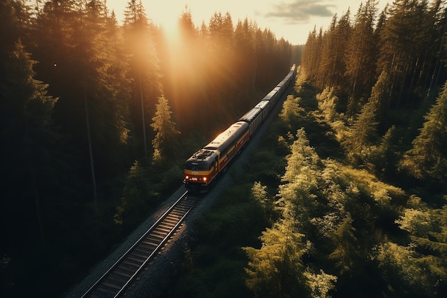 Un tren cruzando un bosque en la vía férrea.