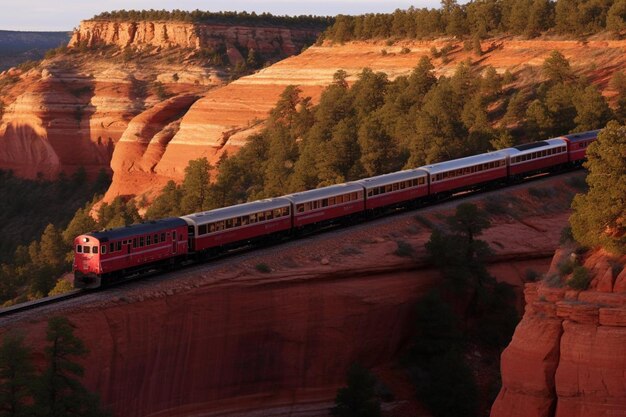 Un tren cruzando un puente alto y estrecho sobre un profundo
