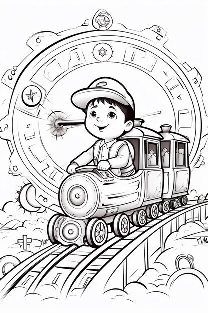 Foto un tren de dibujos animados con un niño en él está bajando por las vías generativa ai