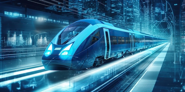 El tren eléctrico moderno recorre la ciudad futurista mostrando el concepto de transporte ecológico contemporáneo. El diseño aerodinámico se combina a la perfección con el paisaje urbano. IA generativa.