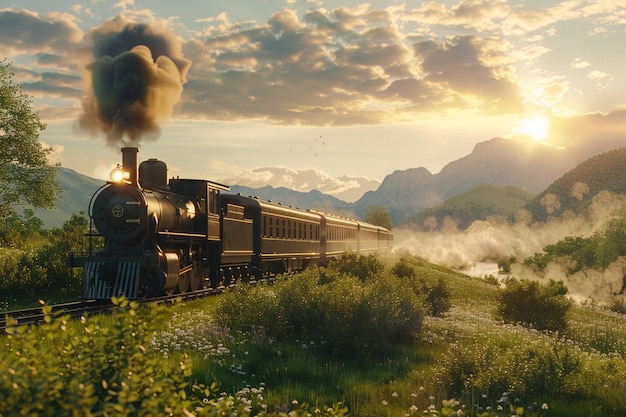 Foto un tren de época atravesando el paisaje