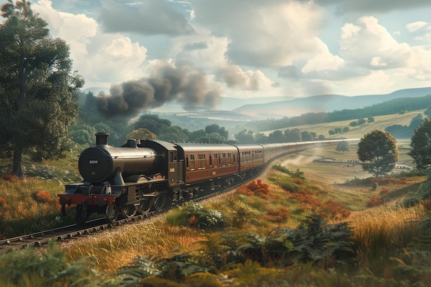 Foto un tren de época atravesando un pintoresco campo