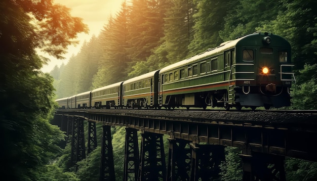 Foto tren de época pasando por un puente en el bosque