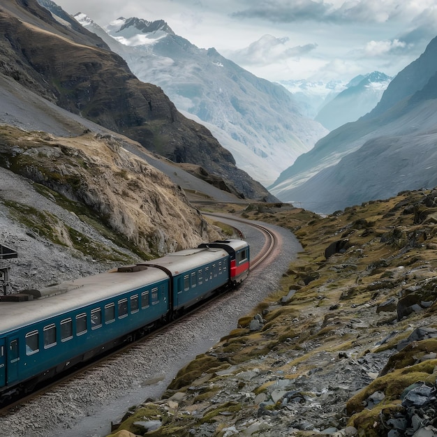 un tren está bajando una montaña con una montaña en el fondo