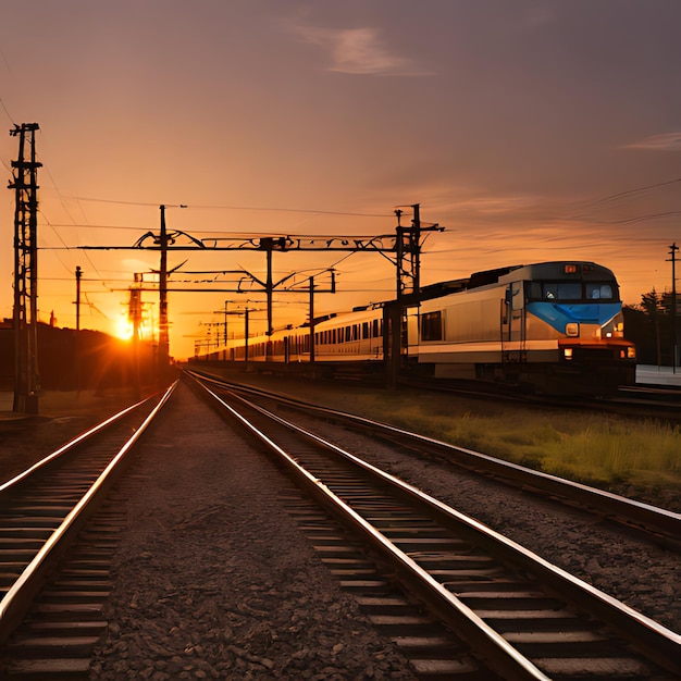 un tren está bajando por las vías al atardecer