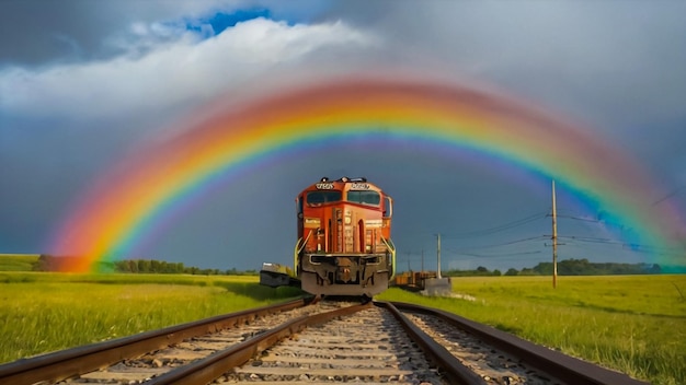 un tren está bajando por las vías con un arco iris en el cielo