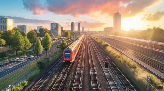 un tren está bajando por las vías de la ciudad