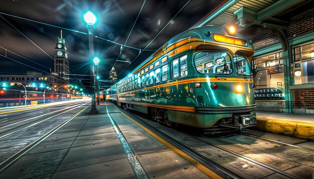 un tren está bajando por las vías por la noche