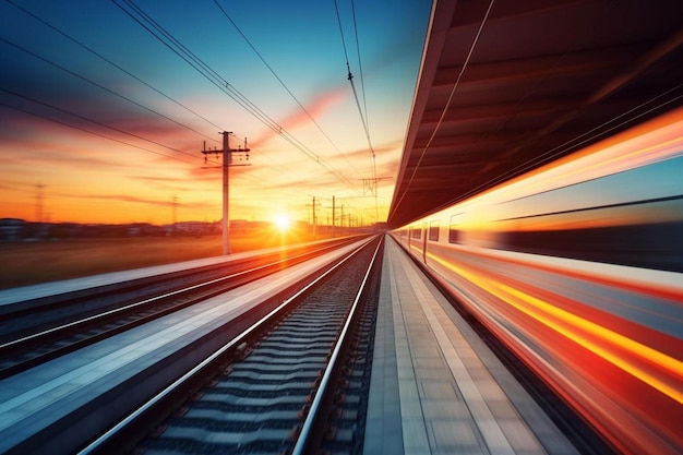 un tren está bajando por las vías con el sol poniéndose detrás de él