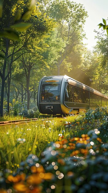 Un tren está conduciendo en una hierba con árboles y flores a su alrededor