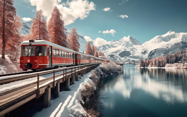 un tren está pasando por un puente sobre un lago