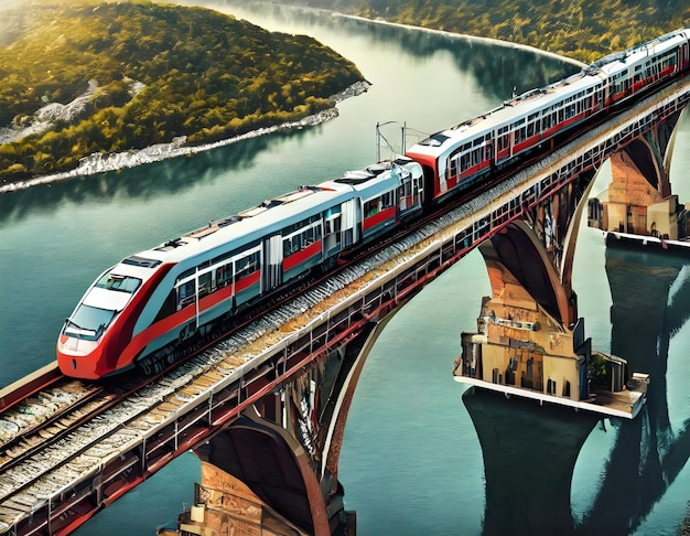 un tren está pasando por un puente sobre un río