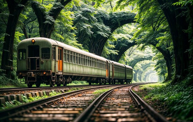 un tren está en las vías del bosque