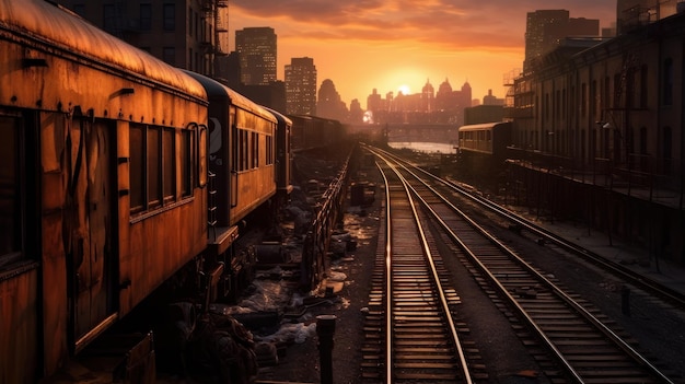 Un tren está en las vías de la ciudad.