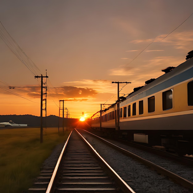 un tren está en las vías con el sol poniéndose detrás de él