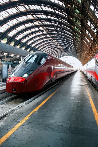 Tren en la estación central de Milán, Italia