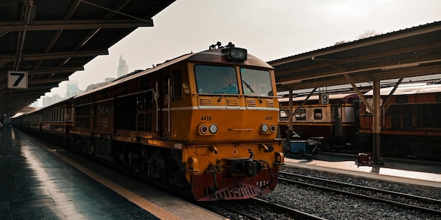 Tren en la estación de tren en la ciudad contra el cielo