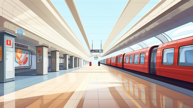 Foto un tren está en la estación con un tren rojo a la izquierda