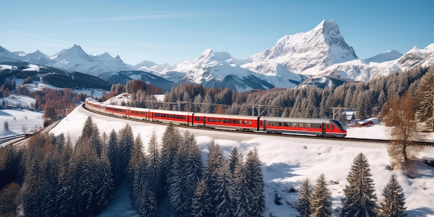 Tren expreso en montañas nevadas de invierno bajo un cielo azul