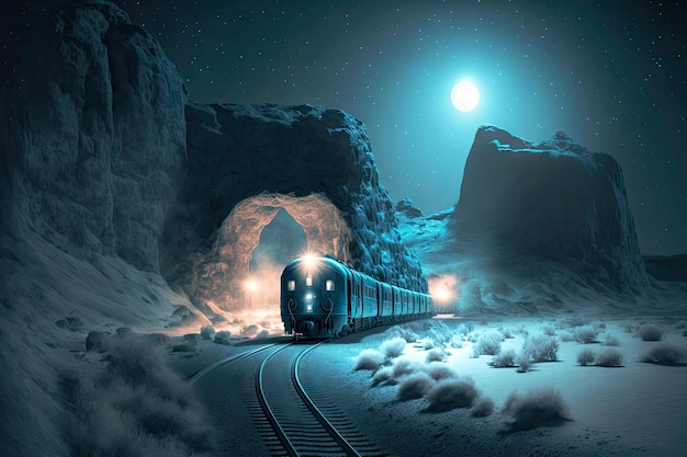 El tren expreso polar pasa por un túnel excavado en la roca por la noche