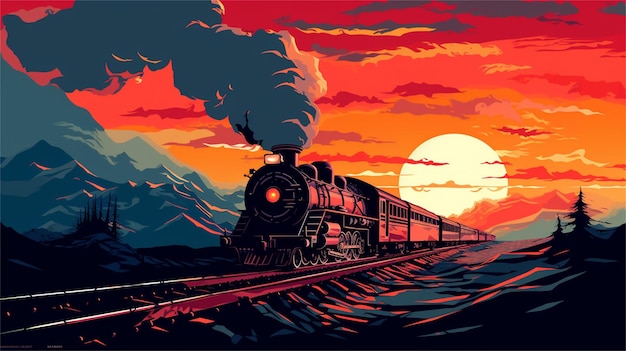 Tren en el ferrocarril al atardecer Ilustración vectorial de un tren en el ferrocarril