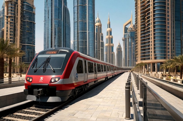 Tren en el ferrocarril del metro de Dubai en el distrito de negocios en los rascacielos urbanos de fondo