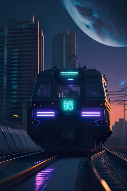 Tren futurista con detalles de neón en el paisaje de fondo cyberpunk Generative ai