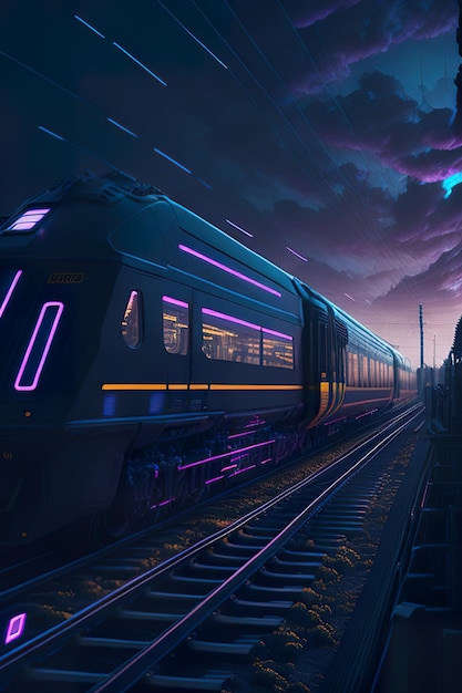 Tren futurista con detalles de neón en el paisaje de fondo cyberpunk Generative ai