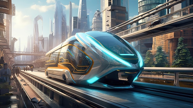 Tren futurista recorriendo una ciudad futurista.