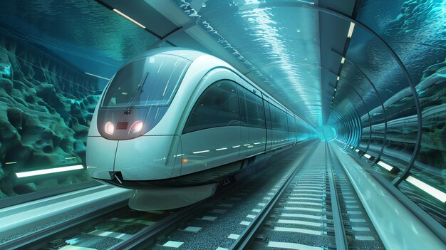 Un tren futurista viaja a través de un túnel submarino